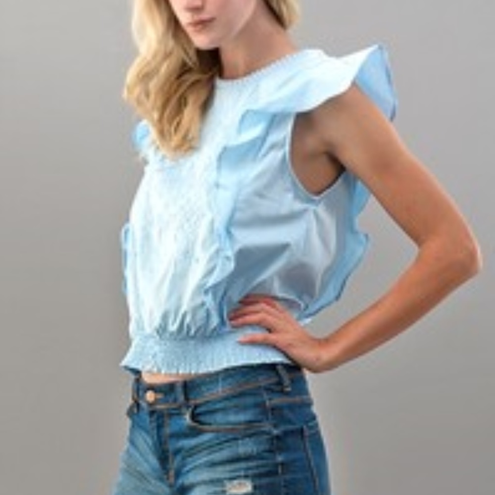Light Blue smocked embroidered sleeveless top - Picture 4 of 4